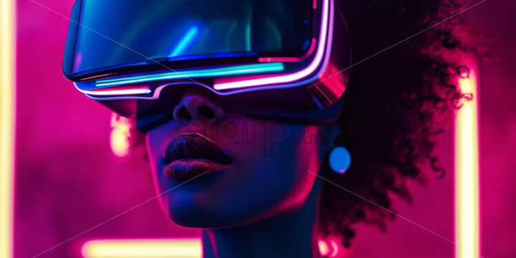 Afro american woman with VR glasses in neon lights - Starpik Stock