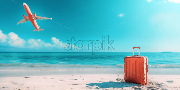 Airplane , beach with a suitcase in the sand - Starpik Stock