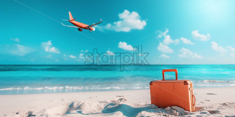 Airplane , beach with a suitcase in the sand - Starpik Stock