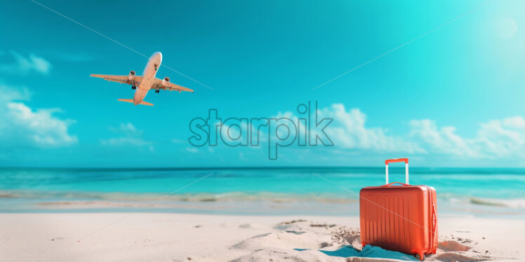 Airplane , beach with a suitcase in the sand - Starpik Stock