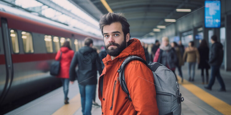 American man walking in the train station - Starpik Stock