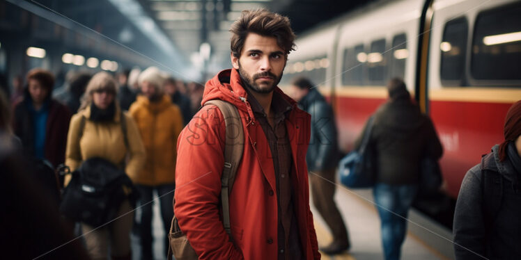 American man walking in the train station - Starpik Stock