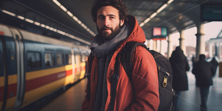 American man walking in the train station - Starpik Stock