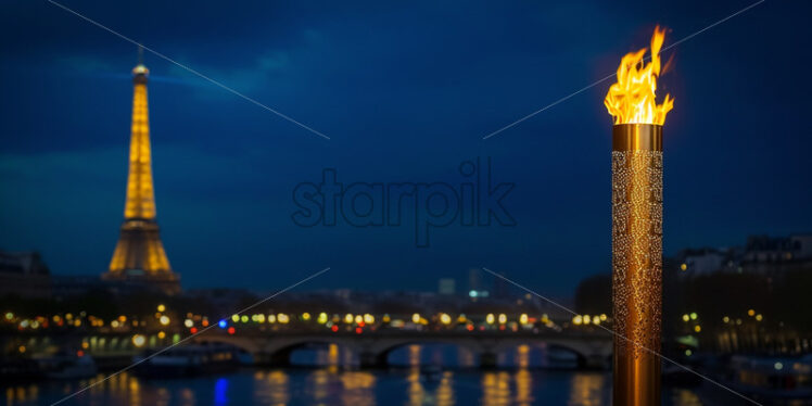 An Olympic torch against the background of the Eiffel Tower - Starpik Stock