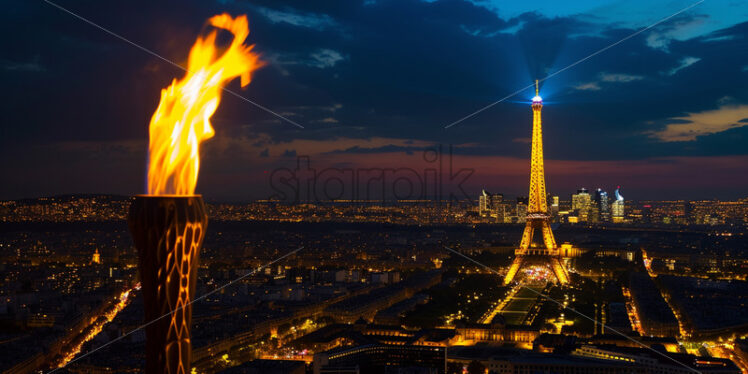 An Olympic torch against the background of the Eiffel Tower - Starpik Stock