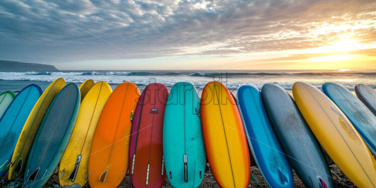 An adventurous surfing school with colorful boards lining the shore - Starpik Stock