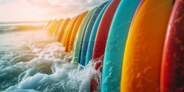 An adventurous surfing school with colorful boards lining the shore - Starpik Stock