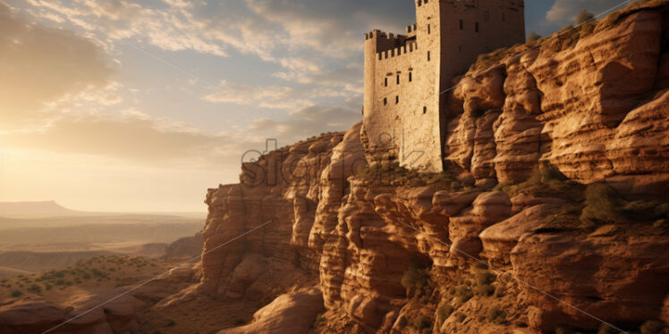 An ancient desert fortress perched atop a towering sandstone cliff - Starpik Stock