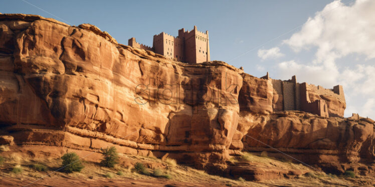 An ancient desert fortress perched atop a towering sandstone cliff - Starpik Stock