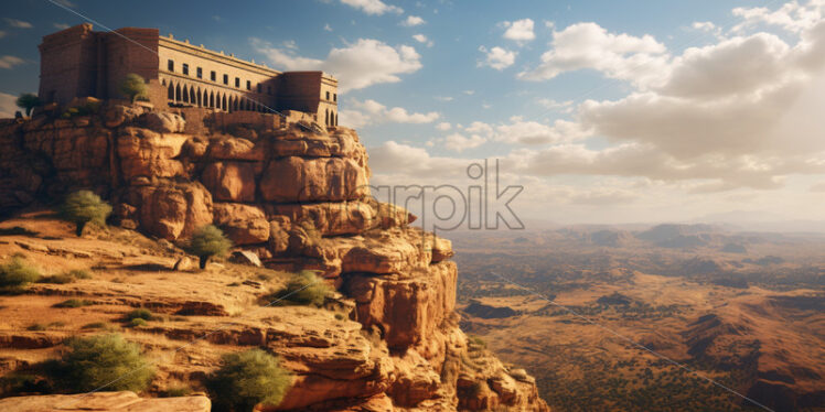 An ancient desert fortress perched atop a towering sandstone cliff - Starpik Stock