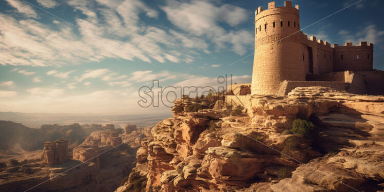 An ancient desert fortress perched atop a towering sandstone cliff - Starpik Stock