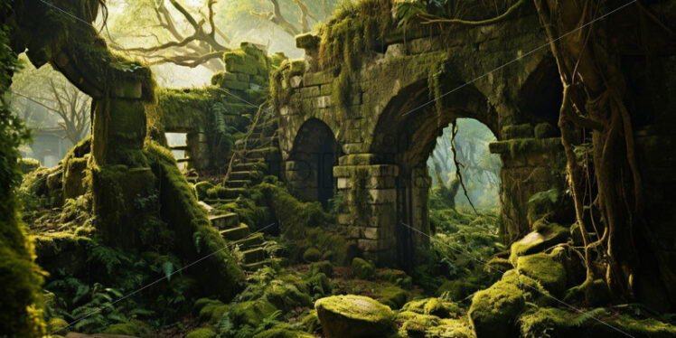 An ancient, moss-covered ruin peeking through the thick vegetation - Starpik Stock