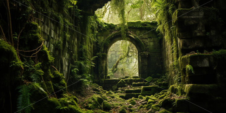 An ancient, moss-covered ruin peeking through the thick vegetation - Starpik Stock