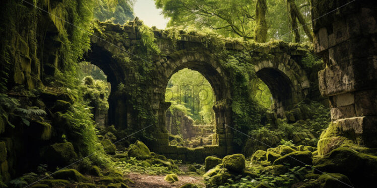 An ancient, moss-covered ruin peeking through the thick vegetation - Starpik Stock