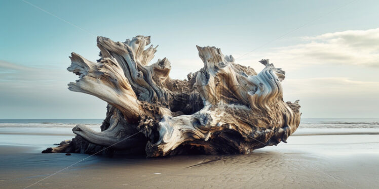 An ancient, weathered driftwood sculpture standing proudly on the beach - Starpik Stock