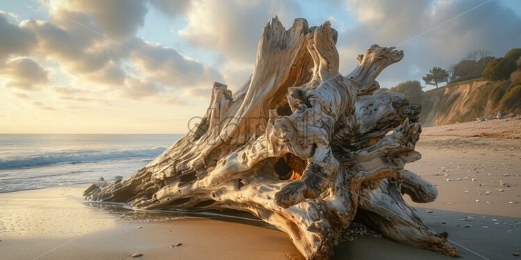 An ancient, weathered driftwood sculpture standing proudly on the beach - Starpik Stock