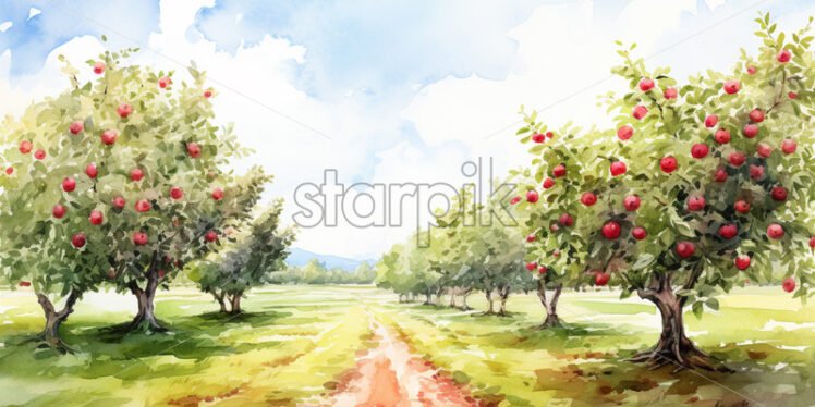 An apple orchard in watercolor clipart style - Starpik Stock