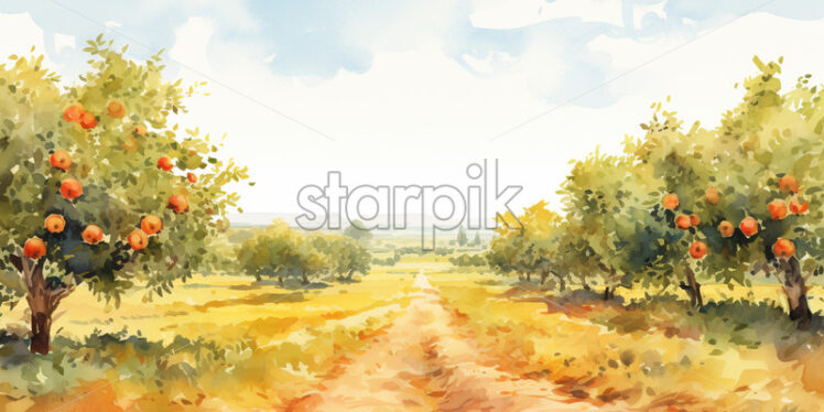 An apple orchard in watercolor clipart style - Starpik Stock