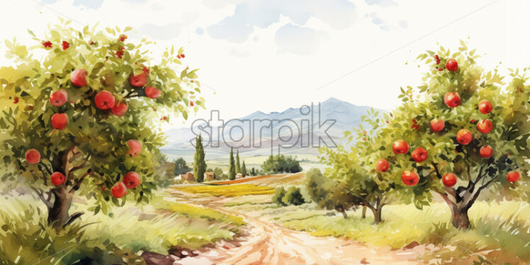 An apple orchard in watercolor clipart style - Starpik Stock