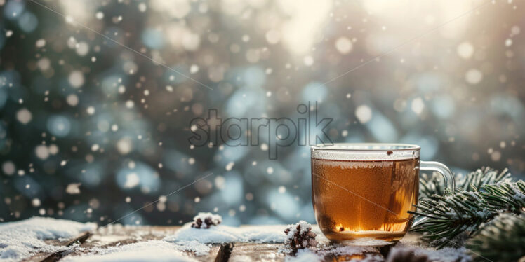 An aromatic cup of tea in winter on a table in the forest - Starpik Stock