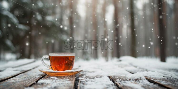 An aromatic cup of tea in winter on a table in the forest - Starpik Stock