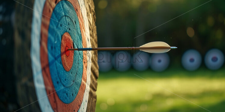 An arrow at the target on an archery field - Starpik Stock