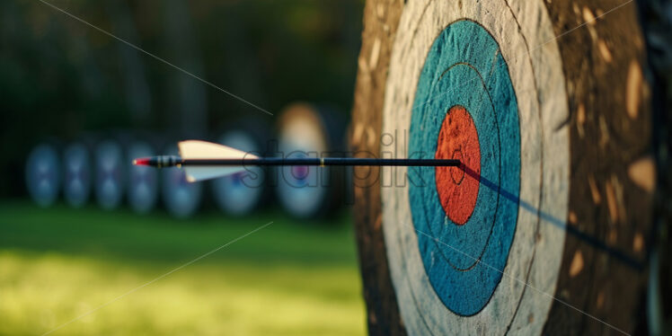 An arrow at the target on an archery field - Starpik Stock