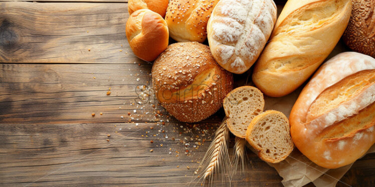 An assortment of bread products on a wooden table - Starpik Stock