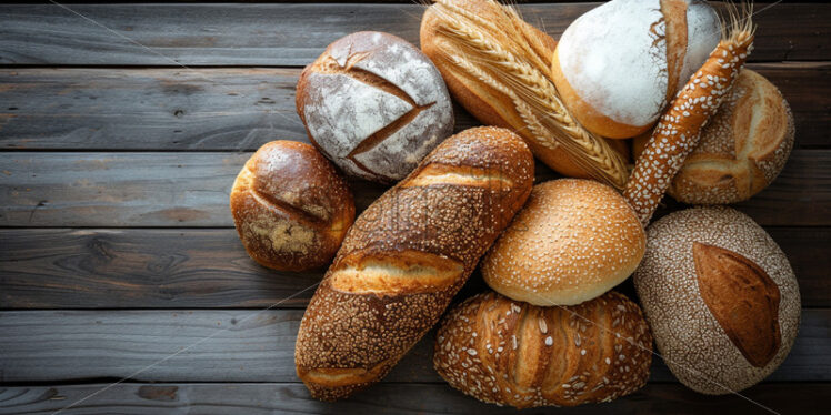 An assortment of bread products on a wooden table - Starpik Stock