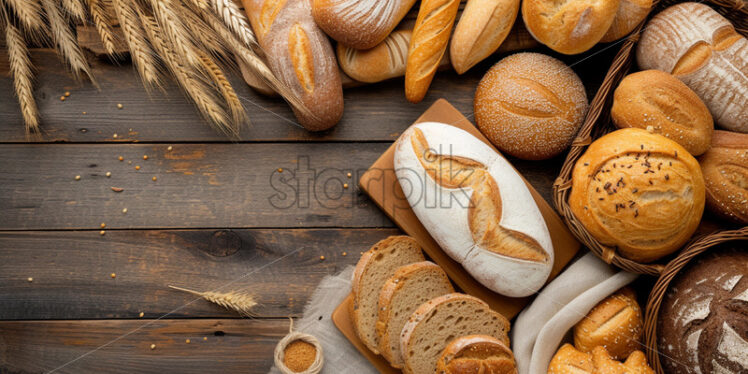 An assortment of bread products on a wooden table - Starpik Stock