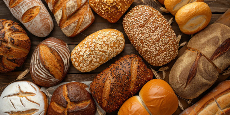 An assortment of bread products on a wooden table - Starpik Stock