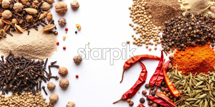 An assortment of whole spices like cloves, coriander, and cumin - Starpik Stock