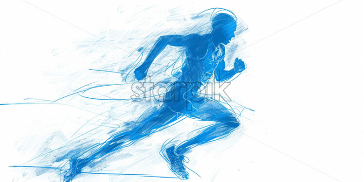 An athlete runs on the track, sketch in blue charcoal - Starpik Stock