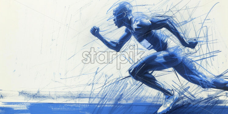 An athlete runs on the track, sketch in blue charcoal - Starpik Stock