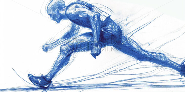 An athlete runs on the track, sketch in blue charcoal - Starpik Stock