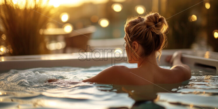 An elegant young lady lounging in a chic outdoor spa pool, with soft lighting creating a tranquil ambiance - Starpik Stock