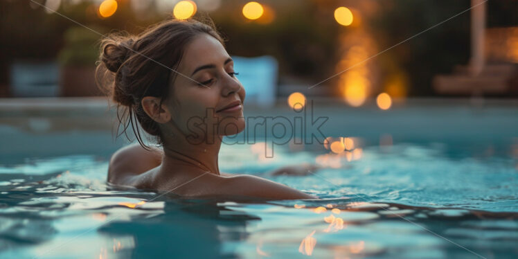 An elegant young lady lounging in a chic outdoor spa pool, with soft lighting creating a tranquil ambiance - Starpik Stock