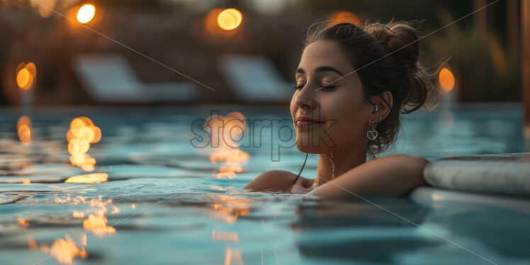 An elegant young lady lounging in a chic outdoor spa pool, with soft lighting creating a tranquil ambiance - Starpik Stock