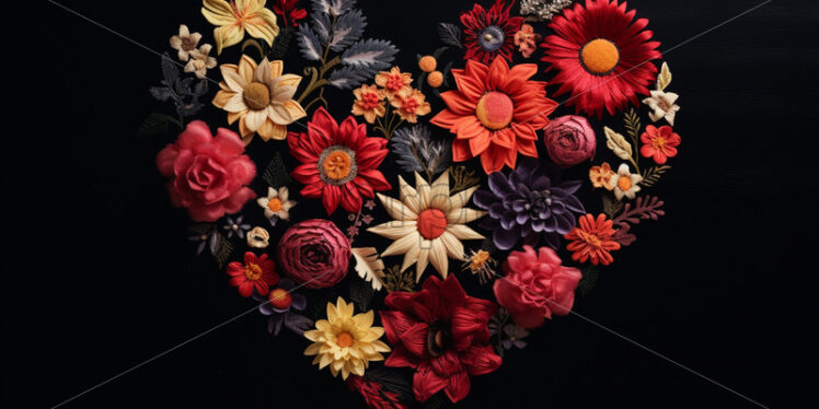 An embroidered floral heart on a black background - Starpik Stock