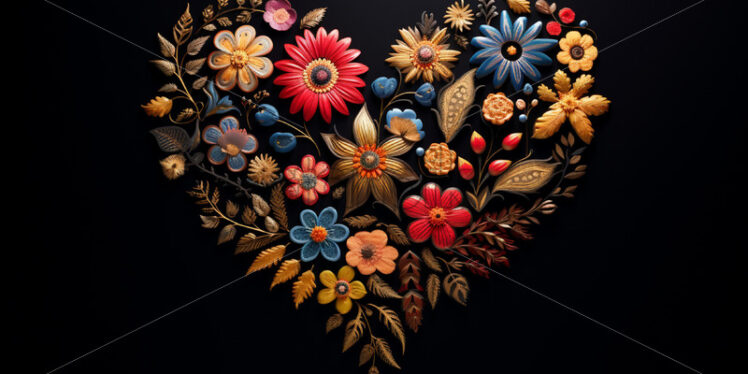 An embroidered floral heart on a black background - Starpik Stock