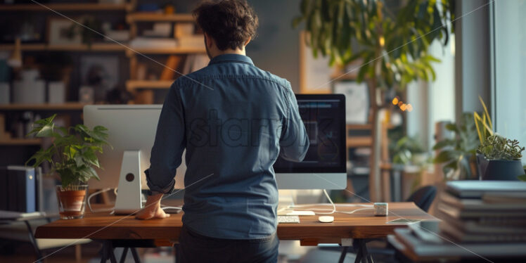 An employee using a standing desk  - Starpik Stock