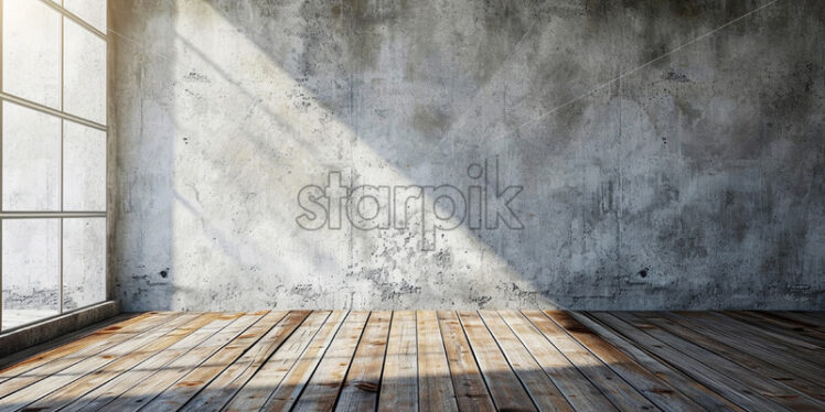 An empty room with a wooden floor, a glass window and a concrete wall - Starpik Stock