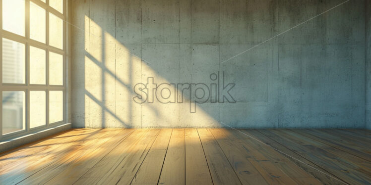 An empty room with a wooden floor, a glass window and a concrete wall - Starpik Stock