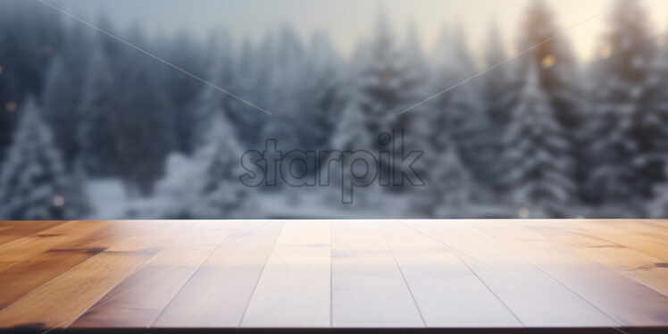 An empty table against the background of a forest in winter - Starpik Stock