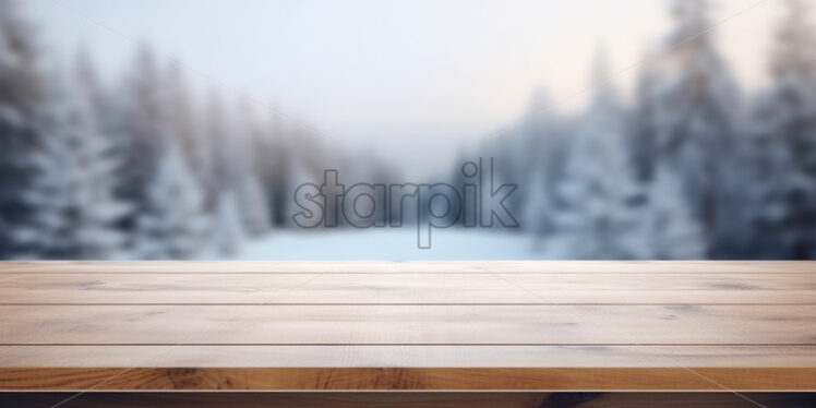 An empty table against the background of a forest in winter - Starpik Stock