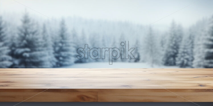 An empty table against the background of a forest in winter - Starpik Stock