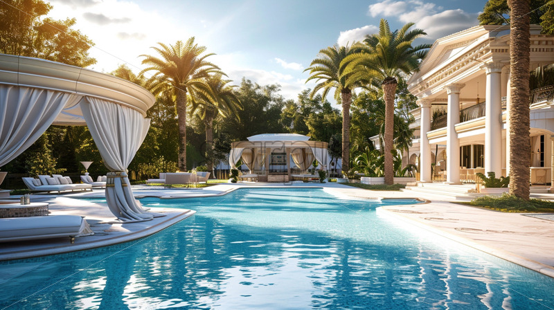 An extravagant pool party at a luxurious mansion, complete with VIP ...