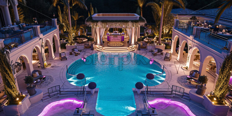 An extravagant pool party at a luxurious mansion, complete with VIP cabanas and a DJ booth - Starpik Stock