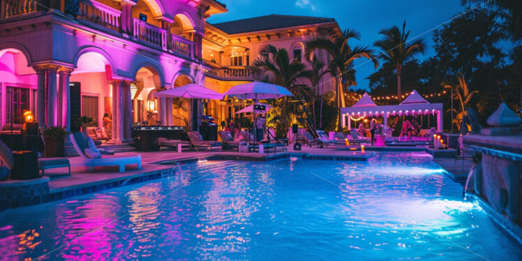 An extravagant pool party at a luxurious mansion, complete with VIP cabanas and a DJ booth - Starpik Stock