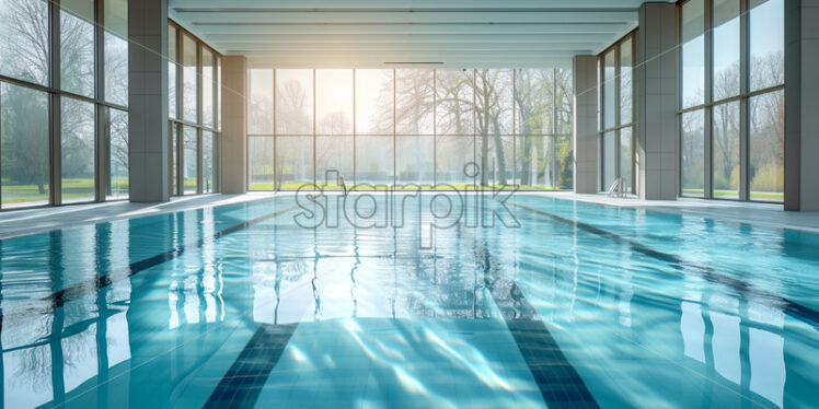 An indoor swimming pool with large windows, allowing natural light to illuminate the clear blue water - Starpik Stock